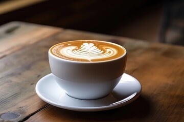 Closeup Of Hot Cappuccino With Latte Art On Dark Wood Table In Cafe Mockup