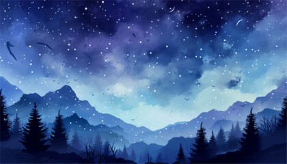 Watercolor night sky background  with beautiful clouds Space, stars, constellation, nebula vector illustration