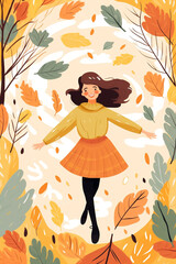 Obraz na płótnie Canvas Leaf autum happy women holiday cute character cartoon art active meditating nature design fall