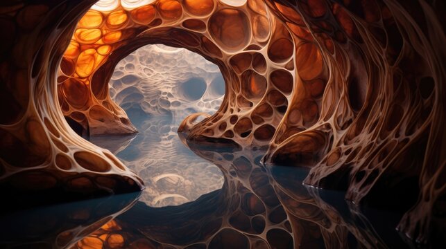 Illuminated underground sandstone cavern with crystal clear water pools and wall erosion, bright orange and fire red glow from sunshine.  