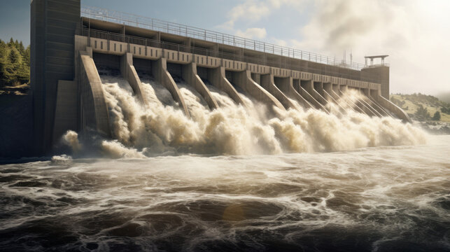 A hydroelectric power station at full capacity, generating clean electricity from water flow 