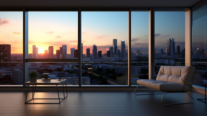 Interior of a high-rise luxury apartment with a great view of the city