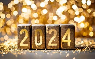 The year 2024 written on wooden cubes in gold luxury letters with shiny bokeh background, New Year celebration concept  - obrazy, fototapety, plakaty
