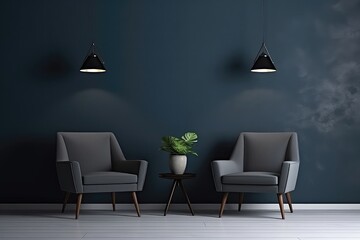 Dark Room With Blue Navy Armchairs, Modern Interior Design Mockup With Gray Wall Background Mockup . Сoncept Dark Room, Navy Armchairs, Modern Interior Design, Gray Wall Background