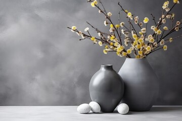 Easter Composition On Grey Concrete Background Mockup. Сoncept Easter, Composition, Grey Concrete Background, Mockup