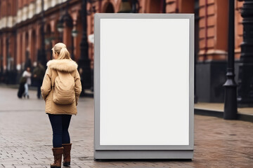 Displaying Blank Clean Screen Or Signboard Mockup For Offers Or Advertisements In Public Area With People Walking By Mockup