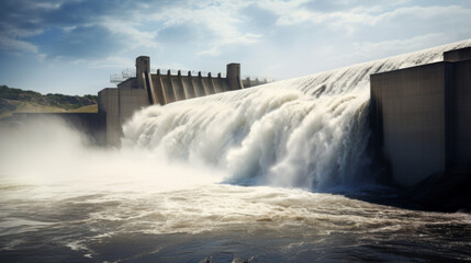 A hydroelectric dam's spillway, releasing excess water with tremendous force - obrazy, fototapety, plakaty