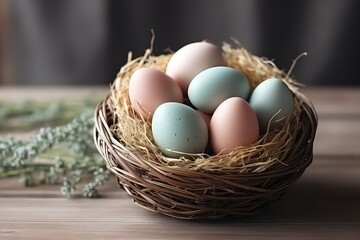 Easter Eggs In Rustic Basket On Wooden Table Mockup