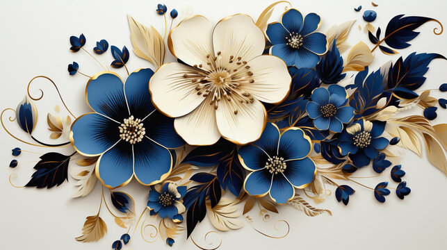 Fototapeta Modern background with white and dark blue flowers with golden elements