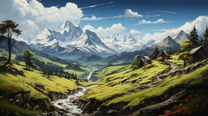 Fototapeta na wymiar A Majestic Symphony: Exploring Nature's Splendor in the Alpine Wonderland, Cascading Rivers and Enchanting Valleys of the Caucasus, generative AI