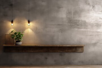 Grunge Concrete Wall With Rustic Wood Plank Shelf And Party Lights, Perfect For Product Displays Mockup. Сoncept Grunge Wall, Rustic Wood Shelf, Party Lights, Product Display Mockup