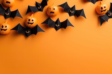 Fototapeta premium Halloween Decorations, Bats, And Ghosts On Orange Background Mockup . Сoncept Halloween Decorations, Bats, Ghosts, Orange Background