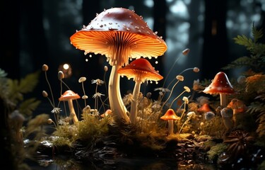 3d mushroom in a forest with moss and mushroom spots