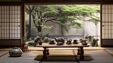 A Japanese-inspired tea room with tatami mats, low seating, and a bamboo tea set
