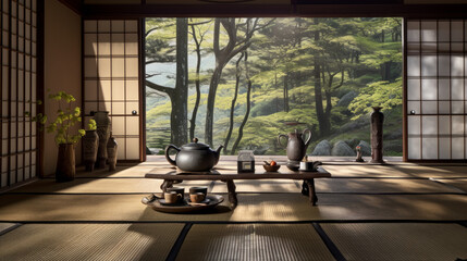 A Japanese-inspired tea room with tatami mats, low seating, and a bamboo tea set