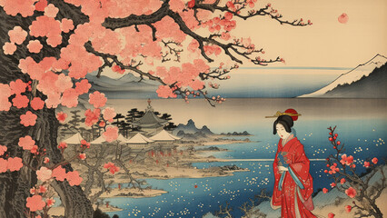 The Queen of Flowers depicted in traditional Japanese painting, ukiyoe