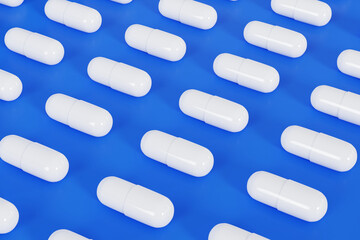 3D Rendering medicine arranged in a row on blue background