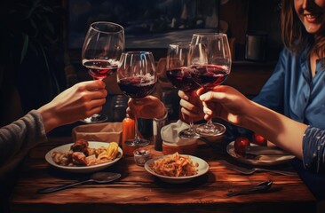 A group of friends clinking glasses of wine