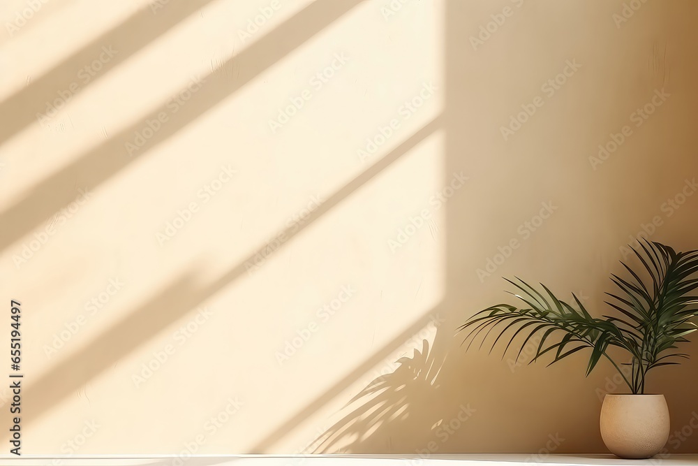 Aufkleber minimalistic abstract beige background with window shadow and vegetation mockup . сoncept minimalist