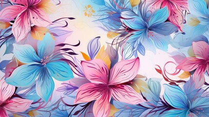 Fototapeta na wymiar Seamless pattern featuring flowers on a pink, blue, and orange background. Pink floral backdrop. Vector illustration of a watercolor-textured, abstract floral design suitable for textiles and art.