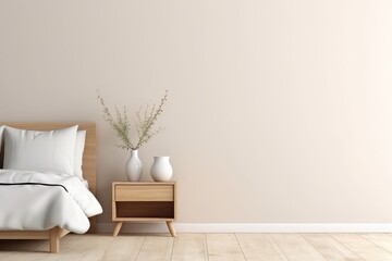 Minimal Bedroom Wall Mockup With Wooden Side Table On Wooden Floor Mockup. Сoncept Minimal Bedroom Design, Wall Mockup, Wooden Side Table, Wooden Floor Mockup - obrazy, fototapety, plakaty
