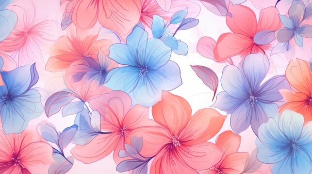 Seamless pattern featuring flowers on a pink, blue, and orange background. Pink floral backdrop. Vector illustration of a watercolor-textured, abstract floral design suitable for textiles and art.