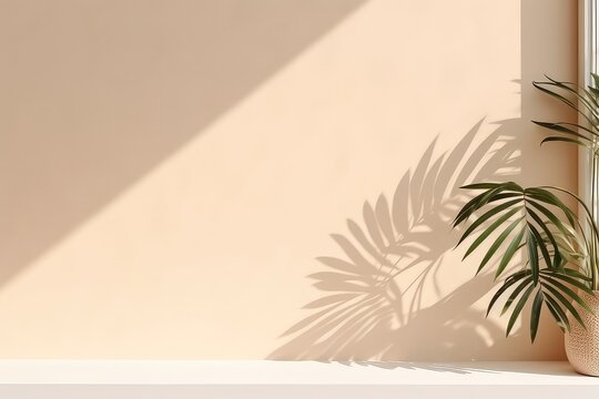 Minimalistic Abstract Beige Background With Window Shadow And Vegetation Mockup. Сoncept Abstract Design, Minimalist Theme, Beige Color Palette, Window Shadow, Vegetation Elements, Mockup Template
