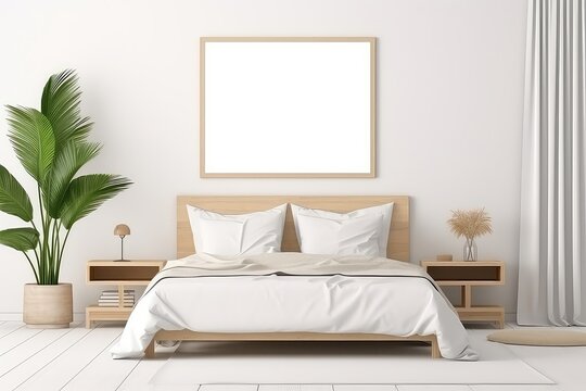 Mockup Frame In Bedroom Interior With Coastal Boho Style In Render Mockup . Сoncept Coastal Boho Bedroom, Mockup Frame, Interior Design
