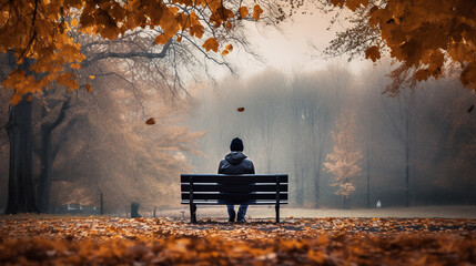 Lonely man sits on a wooden bench next to a lake with some autumn leaves - obrazy, fototapety, plakaty