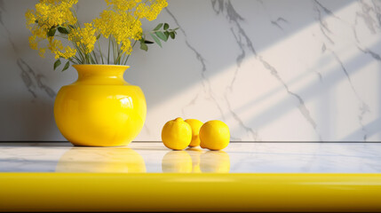 A kitchen countertop with a marble surface and bright yellow decorations