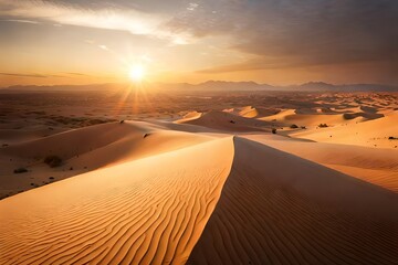 A vast and untouched desert landscape, with rolling sand dunes stretching to the horizon, dappled by the warm hues of the setting sun