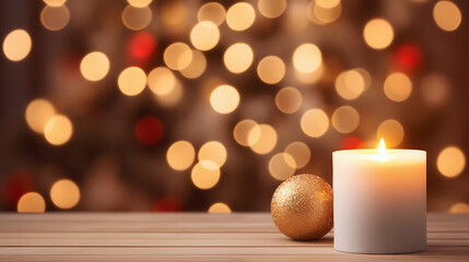 Table Top with Blurred Cosy Christmas Home Interior Background. Clear mockup for holiday projects.