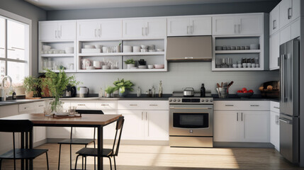 A kitchen with stainless steel appliances, white cabinets, and a black countertop