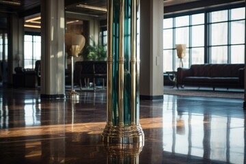 antique column reflecting on the shiny floor of a corporate office