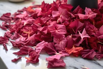 a pile of hibiscus petals on a marble countertop