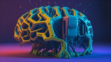 an AI image description that highlights the vibrant, electric colors of this 3D brain illustration and its resemblance to a futuristic computer network