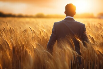 Businessman on golden wheat field rear view