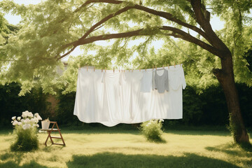 White clothesline rope air clean sunlight cotton summer clothes wash laundry dry line