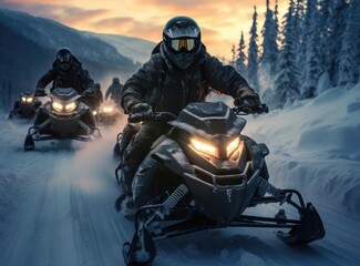 A group of people on snowmobiles - obrazy, fototapety, plakaty