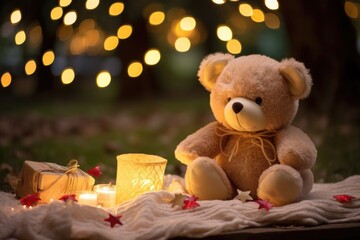 soft bear toy lying on a picnic blanket surrounded by fairy lights