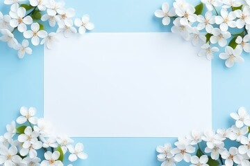 Spring Flower Frame On Blue Background With Flat Lay Arrangement And Copy Space Mockup. Сoncept Spring Flowers, Flat Lay Arrangement, Blue Background, Mockup