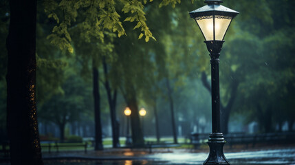 A lamppost in the middle of a park, its light shining through the rain