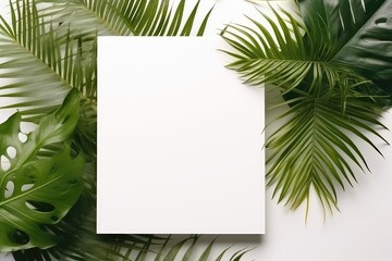 Two Textured White Paper Sheets On Gray Table With Plant Shadows, Horizontal Orientation Mockup . Сoncept White Paper Sheets, Gray Table, Plant Shadows, Horizontal Orientation Mockup