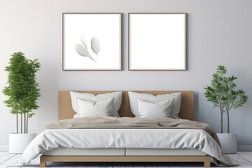 Two Empty Picture Frames In Bedroom With Large Bed, Pillows, And Potted Plants Mockup . Сoncept Empty Picture Frames, Bedroom Decor, Large Bed, Pillows, Potted Plants