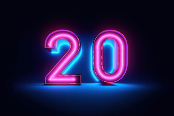 A glowing big twenty in neon colors against a dark background.