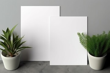 Two Textured White Paper Sheets On Gray Table With Plant Shadows, Horizontal Orientation Mockup