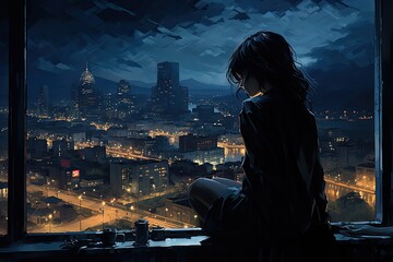 Woman is looking out of a window at an anime city at night 