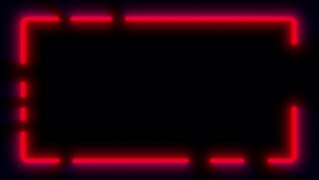 Red neon frame dynamically rotates on a black screen. Stock animation for adding graphic elements and text in 4K with alpha channel. Dotted frame with red glow.