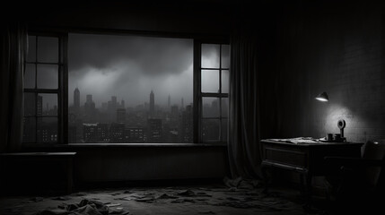 View on a grim city in black and white