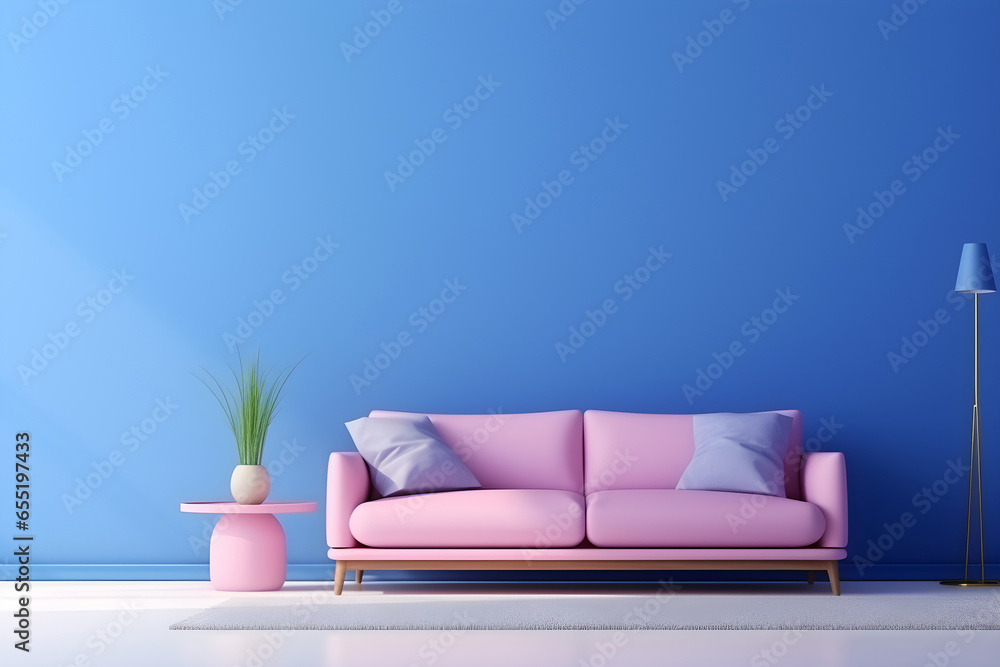 Wall mural Living room inside a house with a pink sofa and bright blue walls.